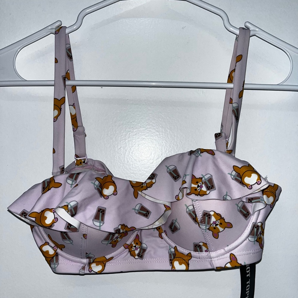 Hot Topic Pink Corgi Print Ruffle Bikini Top